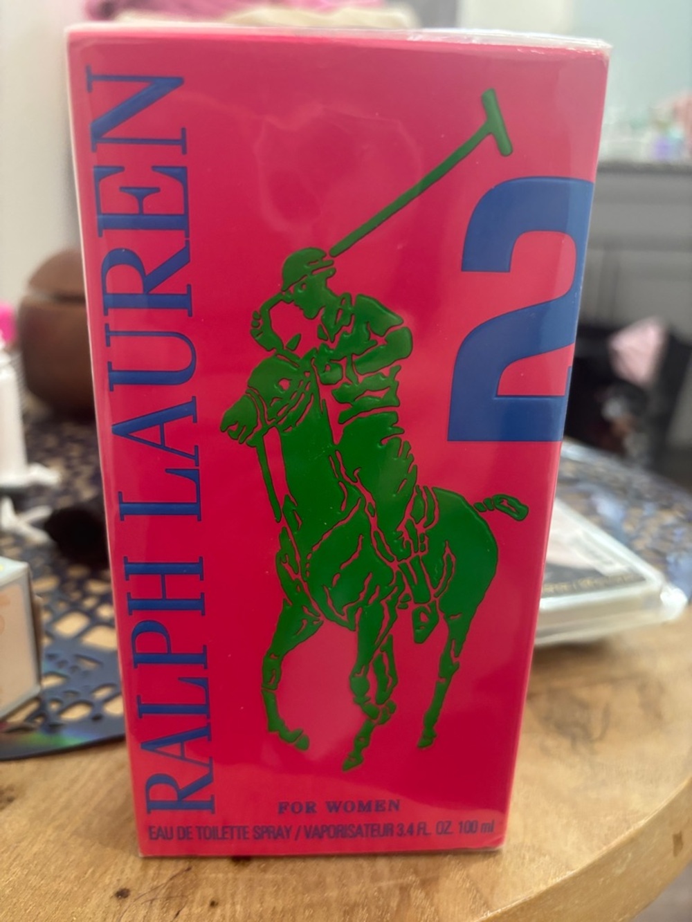 Ralph Lauren Pink Box with Green Polo Player and Blue '2'